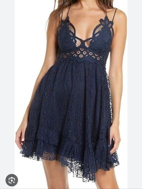 Free People Adella Burnout Navy Lace Mini Dress, Strappy Size XS